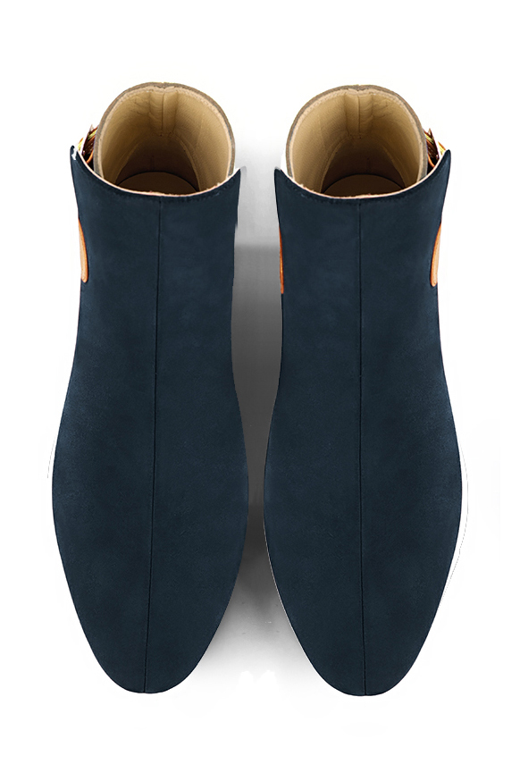 Women's navy blue, antique gold and dark brown elegant ankle boots, with buckles at the back. Round toe. Flat block heels - Top view
